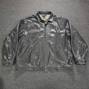 VTG Polo Ralph Lauren Leather Jacket Mens XXL Black Houndstooth Lining Full Zip